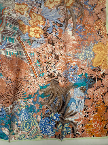 Dabīgā zīda satīna lakats  90x90 cm "Templis džungļos I"