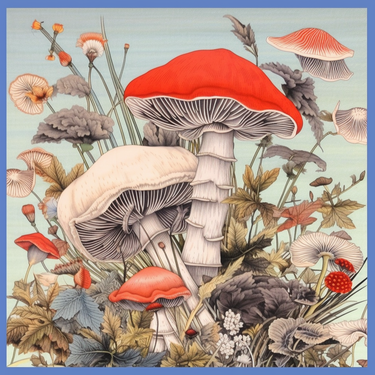 Dabīgā zīda satīna lakats 90x90 cm "Sēnes"